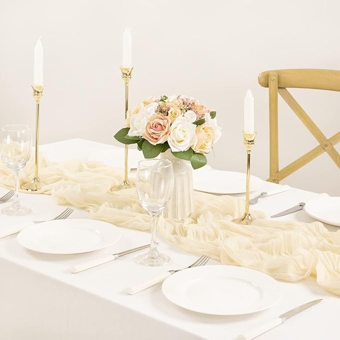 MLMC 8 Pack Beige Cheesecloth Table Runner 10ft Cream Rustic Gauze Cheese Cloth Table Runner 35x120 Inches for Wedding Baby Bridal Shower Boho Home Decor