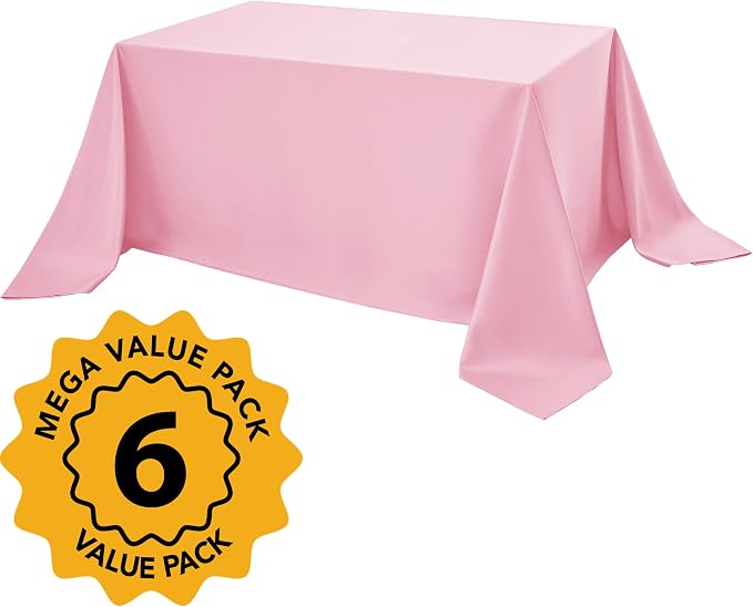 6-Pack Pink Tablecloths for Rectangle Tables, 90 x 132 Inches, Stain-Resistant Polyester Fabric for 8 Foot Tables - Washable Table Covers for Weddings, Banquets, Birthday Parties, Events