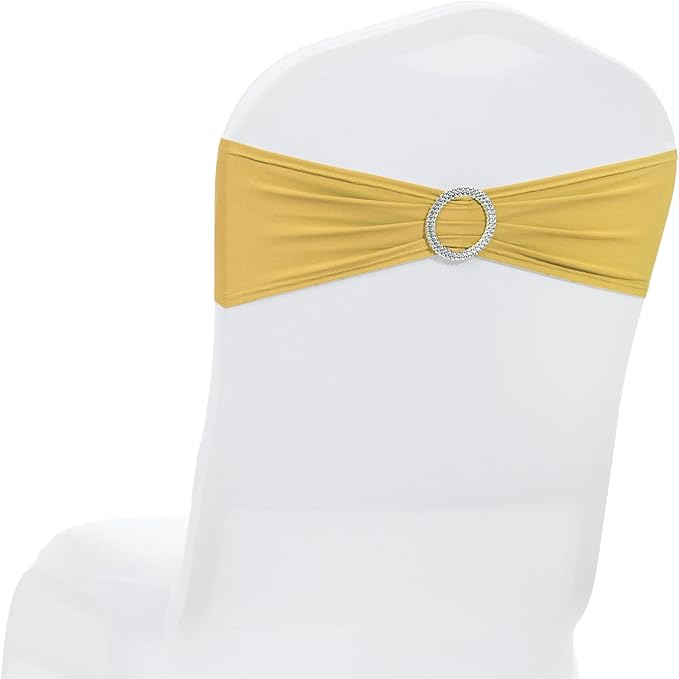 MDS Pack of 50 Spandex Chair Sashes Bow Premium Stretch Chair Cover Band with Buckle Slider Universal fits Elastic Dining Chair Ties for Wedding Party Banquet Events Decoration - Gold