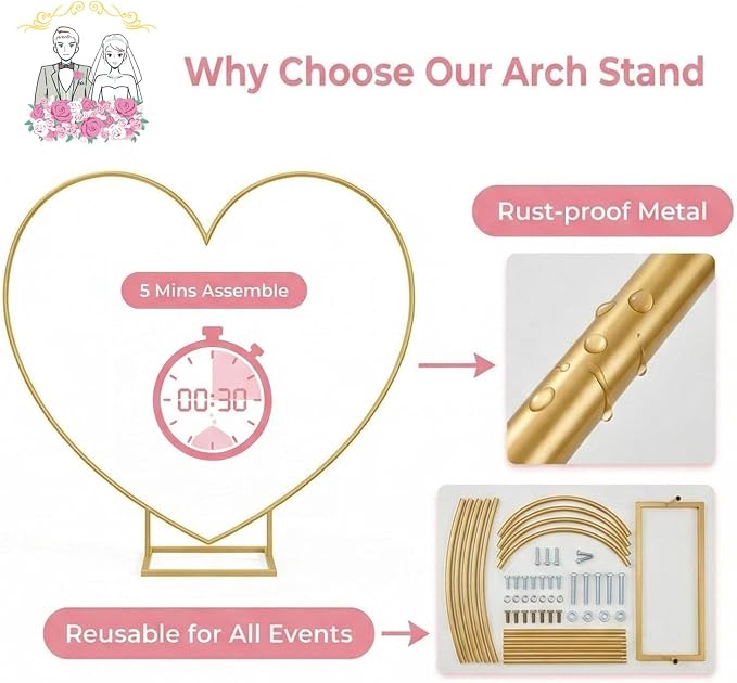 Heart Balloon Arch Stand with Base | 6.7ft Heart Shaped Metal Arch Backdrop Stand Kit, Large Size Metal Love Balloon Arch Kit for Wedding, Valentine's Day (Gold)