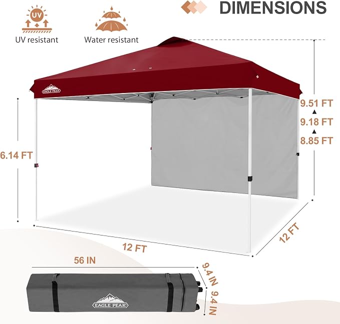 EAGLE PEAK Commercial Canopy 12x12 Pop Up Canopy Tent with 1 Sidewall, Easy Setup Heavy Duty Instant Event Shelter for Vendors & Markets, Outdoor Sun Shade, Burgundy
