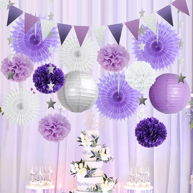 Purple White and Silver Party Decorations Lanterns Fans Poms Light Purple and Silver Party Decorations for Graduation Baby Shower Bridal Shower Wedding Birthday Purple Silver White Party Decorations