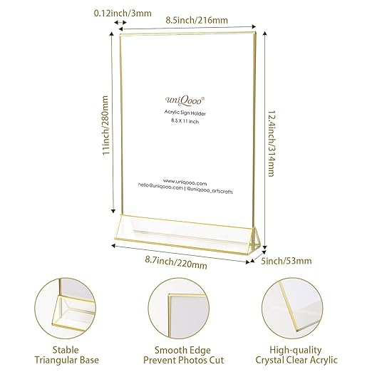 UNIQOOO Acrylic Sign Holders with Golden Border, Portrait View, Pack of 4 | 8.5x11 Inches Double Sided Clear Frame, Perfect for Wedding Reception, Centerpiece, Decoration, Party,Anniversary, Event