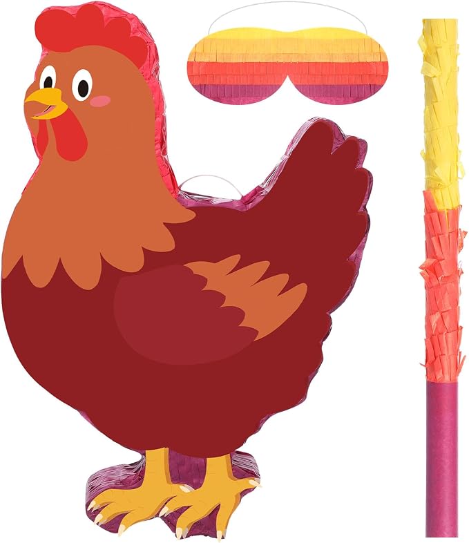 VioraWhite Chicken Birthday Decoration Chicken Piñata Farm Animal Piñata with Blindfold and Bat for Chick Birthday Party Baby Shower Party Decor Supplies Favors
