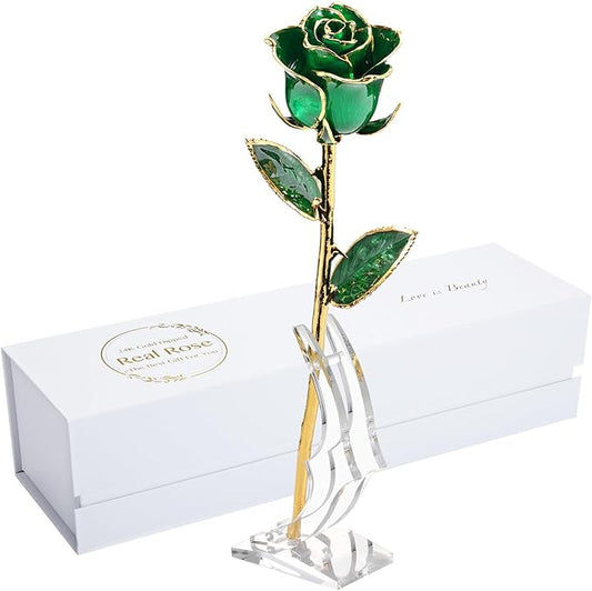 24K Gold Real Rose, Gold Dipped Rose Made from Real Rose Best Gifts for her and Great Gifts for Mom (Green Original Rose with Stand)
