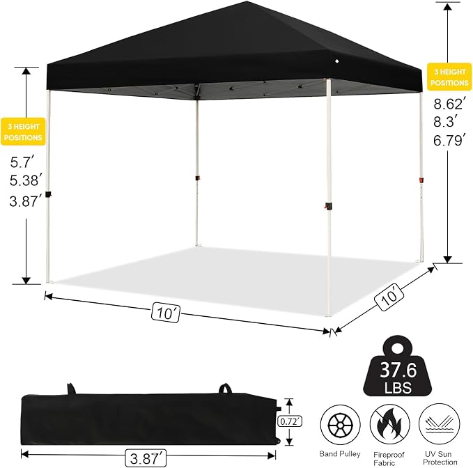 Northroad 10x10ft Pop Up Canopy, Popup Outdoor Canopy Tent with Wheeled Carrying Bag,Portable Gazebo Shelter for Patio,Deck,Garden,Beach（Black）