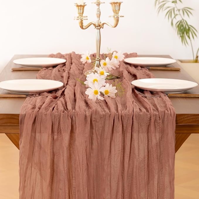 Socomi 6pcs Dusty Rose Summer Cheesecloth Table Runner Boho Rustic Gauze 120 inch 10FT Cheese Cloth Sheer Runner for Wedding Party Baby Shower Birthday Home Decor Holiday Decorations