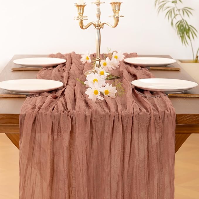 Socomi 2pcs Dusty Rose Easter Spring Cheesecloth Table Runner Boho Rustic Gauze 120 inch 10FT Cheese Cloth Runner for Wedding Party Baby Shower Birthday Home Decor Holiday Decorations