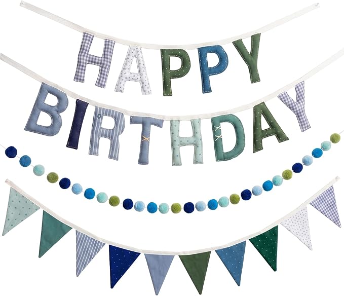 3 Pcs Pre-strung 3D Fabric Happy Birthday Banner Set - Reusable Teal Blue Happy Birthday Garland Pom Pom Banner Triangle Felt Bunting for Women Men Colorful Party Decor Photo Prop(Cute)