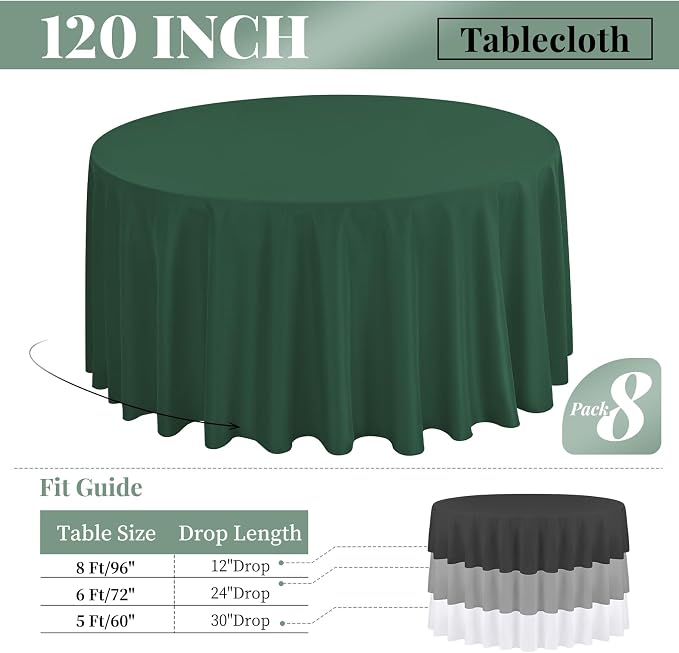 8 Pack Polyester Round Tablecloth 120 Inch Hunter Green Circular Tables Cloth, Stain and Wrinkle Resistant Washable Round Table Cover for Wedding Party Kitchen Dining Table Buffet Parties Camping