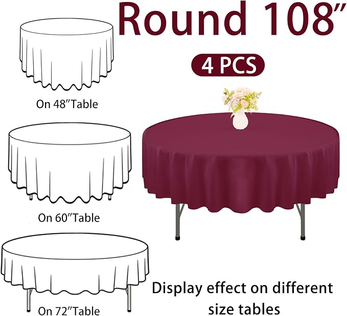 4 Pack Round Tablecloth 108 Inch Polyester Burgundy Tablecloths for Round Tables Washable Fabric Table Covers for Wedding Dining Table Buffet Parties Banquet Decoration（Burgundy）