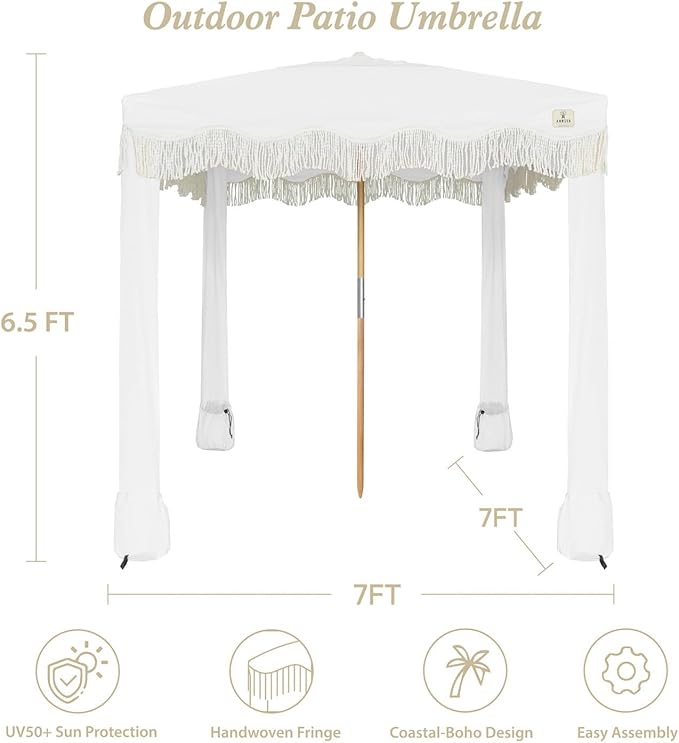 AMMSUN Beach Cabana with Fringe, 7' x 7' Boho Beach Canopy with Tassels, Easy Set up & Premium Wood Pole, Cabana Tent with Sand Pockets, Instant Sun Shade for Sand, Garden, Patio, Elegant White