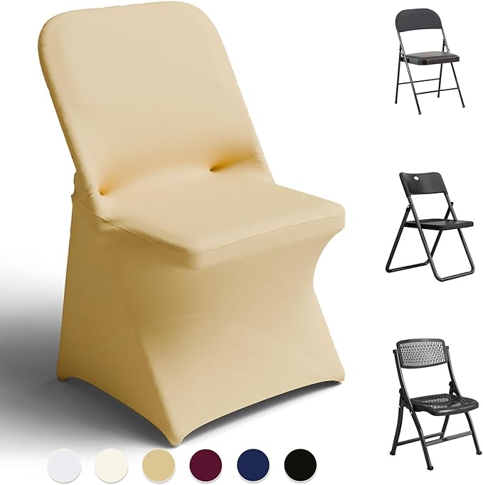Trlyc Spandex Folding Chair Covers 100 Pcs Universal Fitted Stretchy Dining Chair Slipcovers for Wedding Party Banquet Flat-Front Chair Cover (Gold)