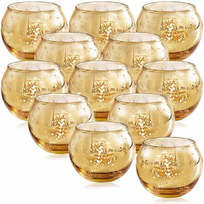 12 Pcs Gold Votive Candle Holders- Gold centerpieces for Tables, Mercury Glass Votives for Wedding, Rehearsal Dinner, Engagement, Birthday Party Decorations