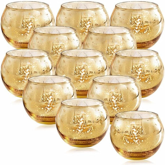 12 Pcs Gold Votive Candle Holders- Gold centerpieces for Tables, Mercury Glass Votives for Wedding, Rehearsal Dinner, Engagement, Birthday Party Decorations