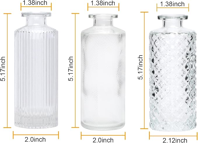 Glass Bud Vase Set in Bulk, 9pcs Mini Vintage Flower Vases for Wedding, Clear Relief Vase for Centerpieces,Home Table Flower Decor, Party Decorations