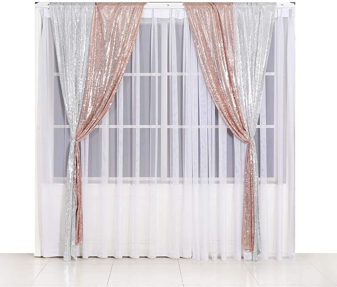 SquarePie 2 PCS 2x8ft Rose Gold Sequin Backdrop Curtains, Satin-Backed Shimmering Photo Booth Background, 2 Panels Narrow Real Sequin Drapes with 4" Rod Pocket for Party, Baby Shower, Doorway Decor