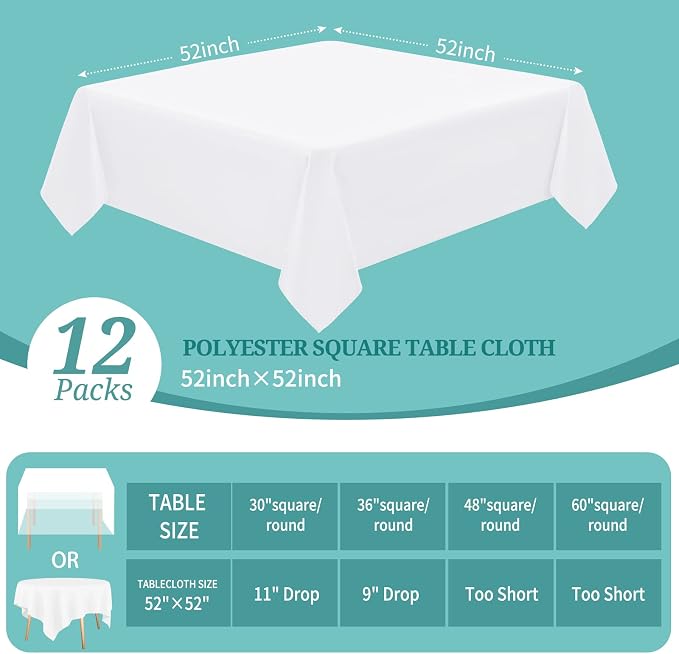 Pesonlook 12 Packs Square Tablecloth White, 52×52 Inch Washable Square Polyester Table Cover for Buffet/Wedding/Party/Restaurant(White/52×52 Inch)