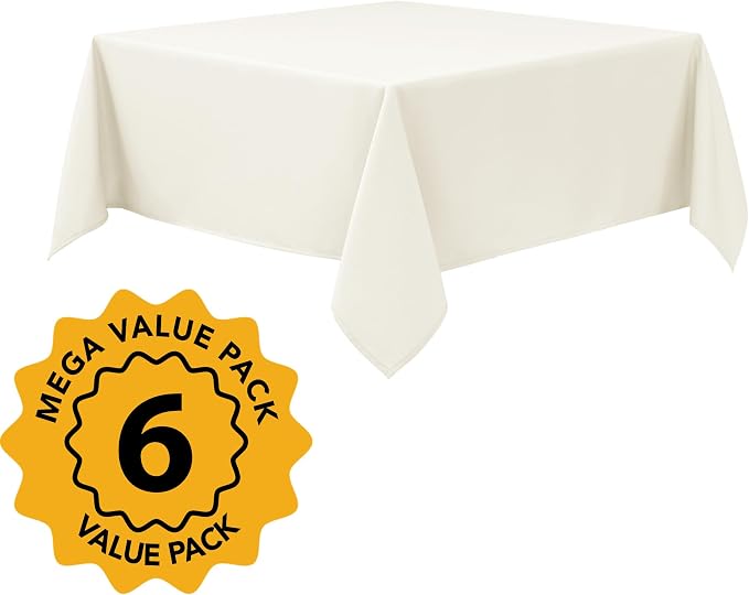 6-Pack Ivory Tablecloths for Square Tables, 54 x 54 Inches, Stain-Resistant Polyester Fabric for 2 Foot Tables - Washable Table Covers for Weddings, Banquets, Birthday Parties, Events