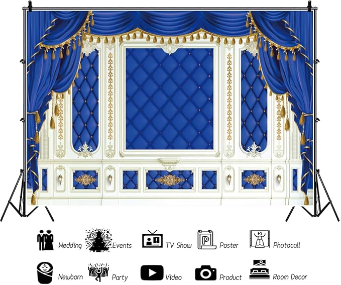 9x6ft Royal Blue Prince Birthday Backdrop Blue and Gold Curtains Photography Background for Newborn Baby Shower Boys Birthday Party Decoration Supplies Cake Table Banner Photo Booth Props