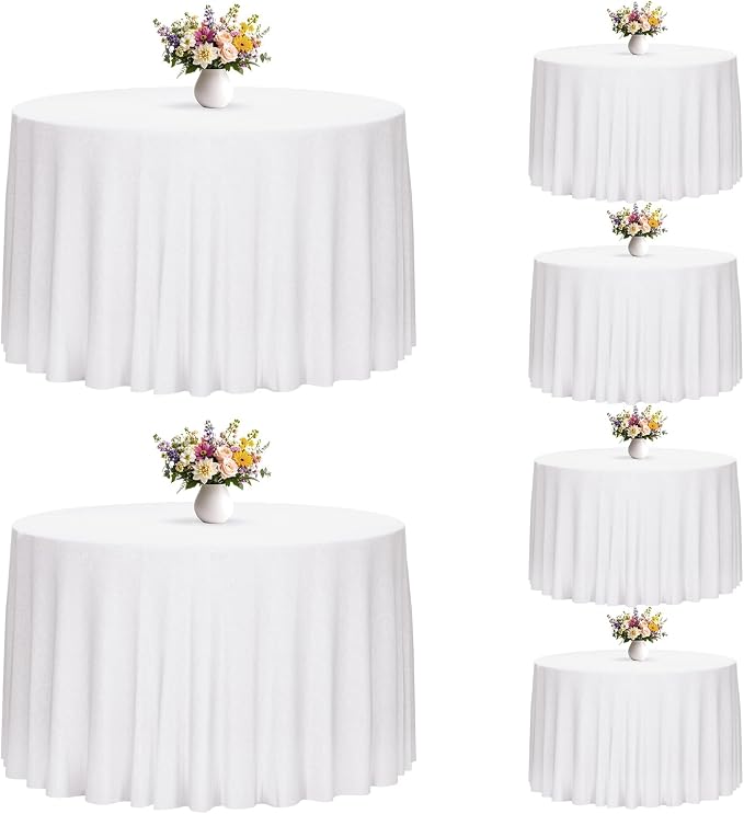 Fixwal 6 Pack White 108 Inch Round Tablecloths, Reusable Heavy Duty Washable Polyester Table Covers, Stain and Wrinkle Resistant for Wedding, Party, Outdoor, Picnic, Camping