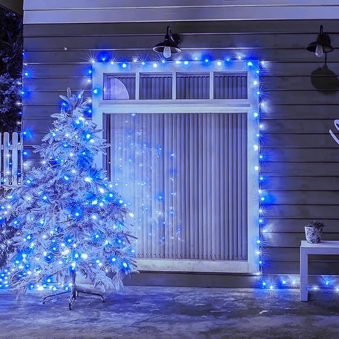 QITONG 4 Pack Solar Fairy Lights, Each 33ft 100 LED Blue and White Christmas String Light Outdoor Waterproof, 8 Modes Silver Wire Twinkle Mini Lights