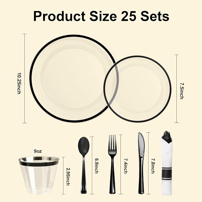 BESTSTAR 175PCS Clear and Black Disposable Plates Set for 25 Guests, 50 Plastic Plates, 25 Cups, 25 Pre-Rolled Napkins with Plastic Cutlery for Party, Birthday, Wedding, Thanksgiving, Christmas