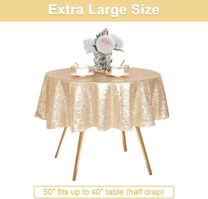 PartyDelight Sequin Tablecloth Round 50" Light Gold Table Topper for Wedding Party Birthday Bridal Baby Shower and Other Events Decorations