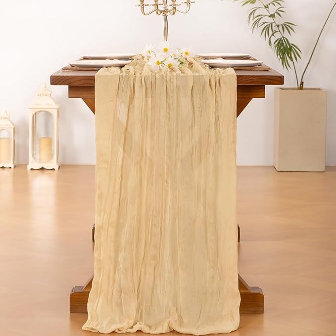 Socomi Gold Champagne Cheesecloth Table Runner Summer Boho Rustic Gauze 120 inch 10FT Cheese Cloth Sheer Runner for Wedding Party Baby Shower Birthday Home Decor Holiday Decorations