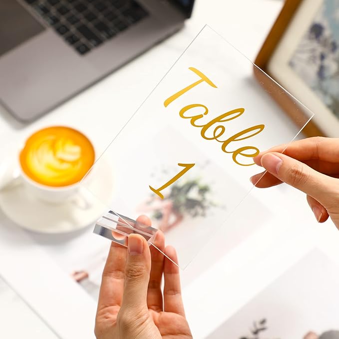 Tuanse 40 Pack Gold Acrylic Wedding Table Numbers 1-40 Clear Stand with Calligraphy Holders - 4 x 6 Inch Acrylic Table Signs for Wedding Reception Centerpieces