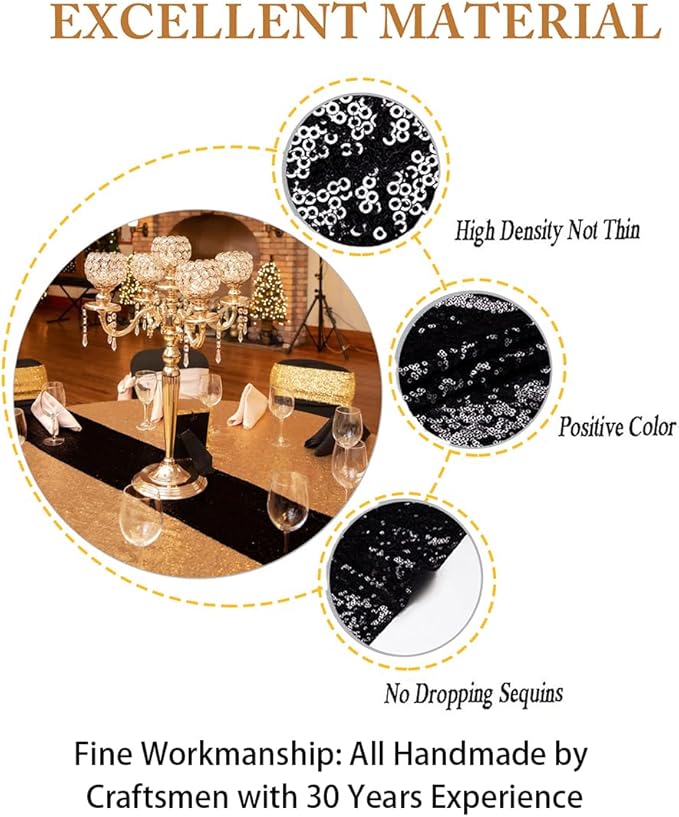 ShinyBeauty Sequin Table Runners 5 Pack 12x108 Inch, Elegant Sparkling Party Decor for Wedding & Baby Shower, Home Dining Table Decorations (Black)