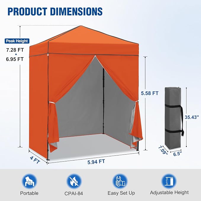 6x4 Pop Up Canopy Tent with Four Wall Panels, Instant Portable Beach Canopy, Outdoor Tent with Carry Bag for Camping, Sports, Tailgating, Events, Orange