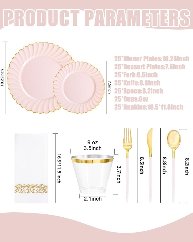 Ciaell 175 PCS Pink Scalloped Plastic Plates with Gold Trim - Pink Plastic Silverware with Handle - Fancy High-End Dinnerware Sets for Wedding & Baby Showers & Party