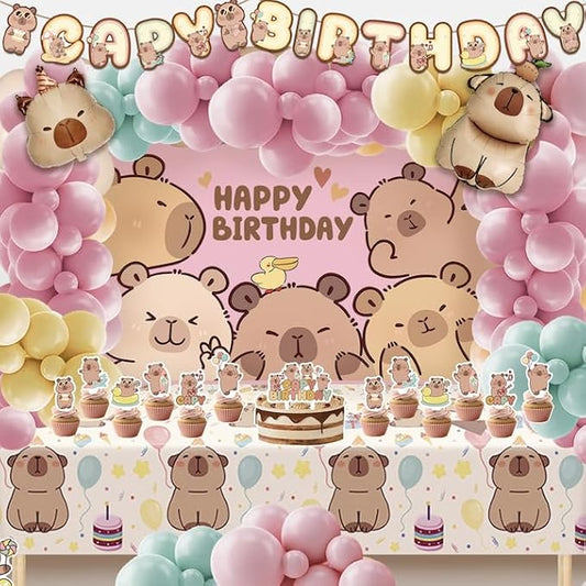 Capybara Birthday Party Decorations - 100pcs Pastel Balloons Garland Kit, Capybara Backdrop, Capy Birthday Banner, Tablecloth, Foil Balloons, Capybara Cake and Cupcake Toppers