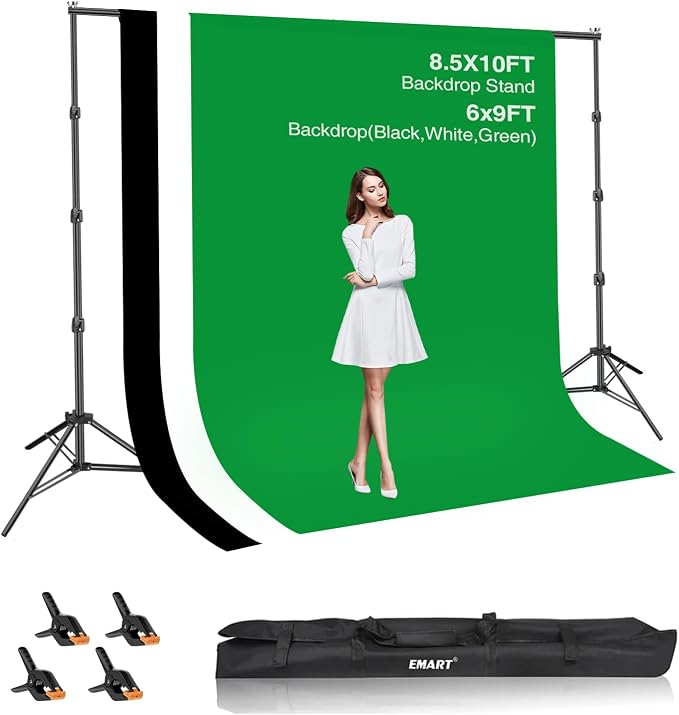 EMART 8.5x10ft Green Screen Backdrop Kit with 6x9ft Polyester Backdrop(Black/White/Green), Adjustable Photography Background Support System for Studio Photography, Parties, Wedding, Video Shooting | Adjustable Background Stand with Black/White/Green Sc...