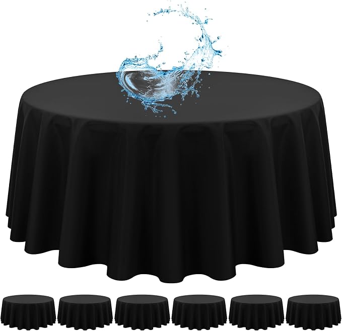 6 Pack Black Round Tablecloth 120 Inch, Waterproof Polyester Table Cloth for Round Tables, Black Tablecloths Stain and Wrinkle Resistant Washable Fabric Table Cover for Party Dining Wedding Banquet