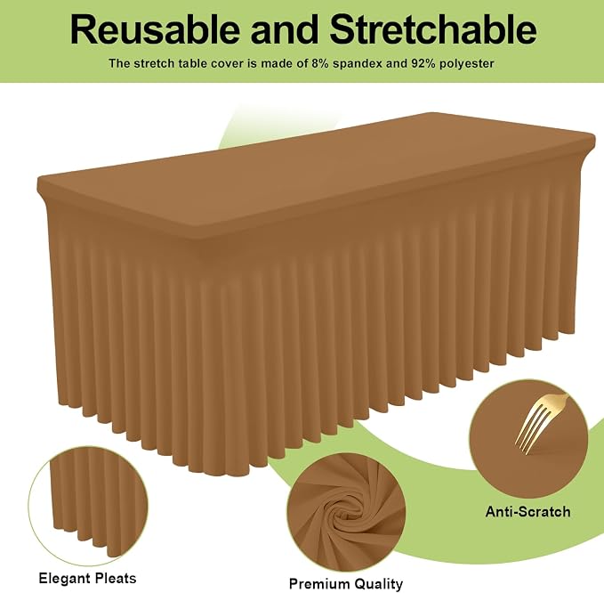 Smiry Spandex Tablecloth 2 Pack, Elastic Fitted Stretch Tablecloth for 4FT Rectangle Tables, Waterproof Washable Table Cover Skirt for Outdoor, Wedding, Banquet & Parties (Brown, 48Lx30Wx30H Inch)