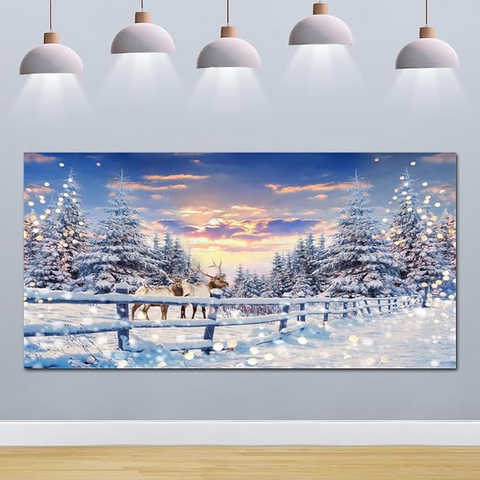 Winter Wonderland Christmas Backdrop 20x10ft for Photography Forest Reindeer Snow Winter Scene Backdrop for Pictures Christmas Party Holiday Background Decorations Photo Booth