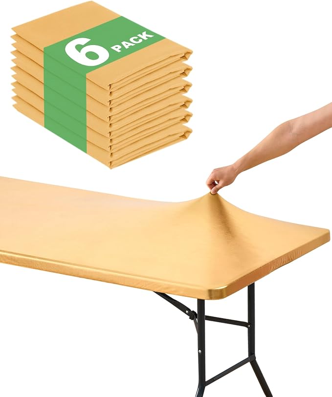 KeyWave Fitted Tablecloth Rectangle Table Cloths - 6 Pack 6 Foot Elastic Stretch Folding Table Top Cover Water-Resistant Reusable for Outdoor Picnic Camping Party Event, Stamping Gold, 72" L x 30" W