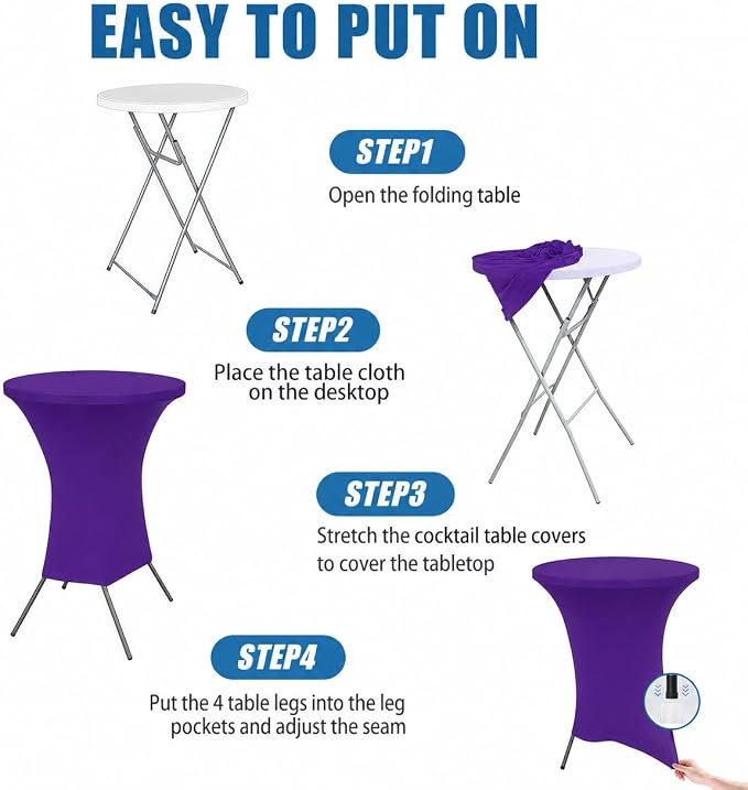 Cocktail Table Covers - 2 Pack 32x43 Inch Table Cloth - Purple Fitted Stretch Spandex Round High Top Tablecloth for Party, Bar, Birthday, Pub, Banquet