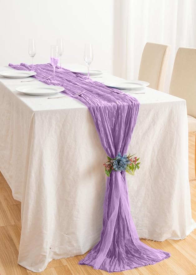 20 Pack Lavender Cheesecloth Table Runner 17x108 Inch Boho Wrinkled Sheer Gauze Cheese Cloth Table Runner Bulk Decor for Wedding, Bridal Shower, Birthday Party