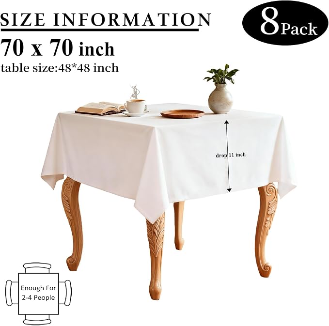 8 Packs White Table Cloth 70x70 Inch for Square Tables, Wrinkle Resistant Polyester Fabric Tablecloth Washable Rectangular Table Covers for Dining Wedding Party Buffet