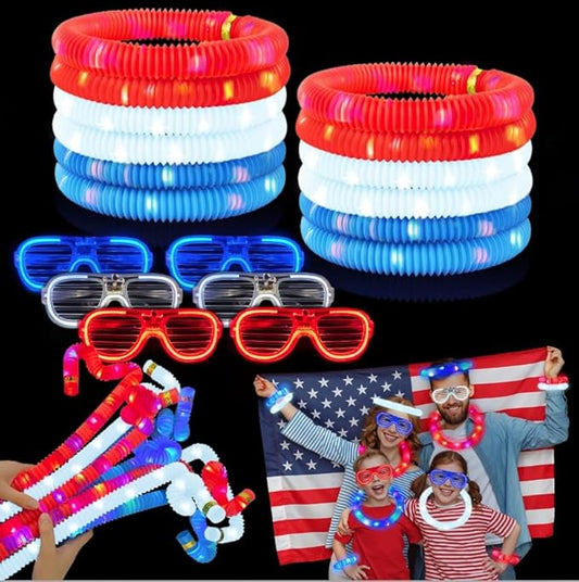 4th of July Red White Blue Glow Sticks & Glasses 12 PCS,Fourth of July Light up Necklace Bracelet Accessories for Toddler,250th Anniversary Patriotic Party Favor Supplies Decorations Toy Gift for Kids
