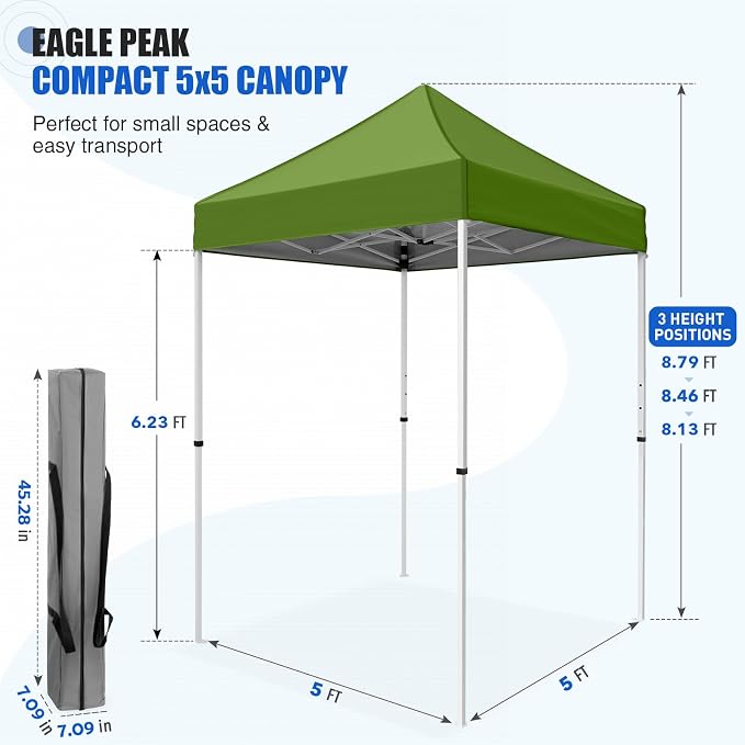 EAGLE PEAK 5x5 Pop Up Canopy Tent Instant Outdoor Canopy Easy Set-up Straight Leg Folding Shelter, Grass Green