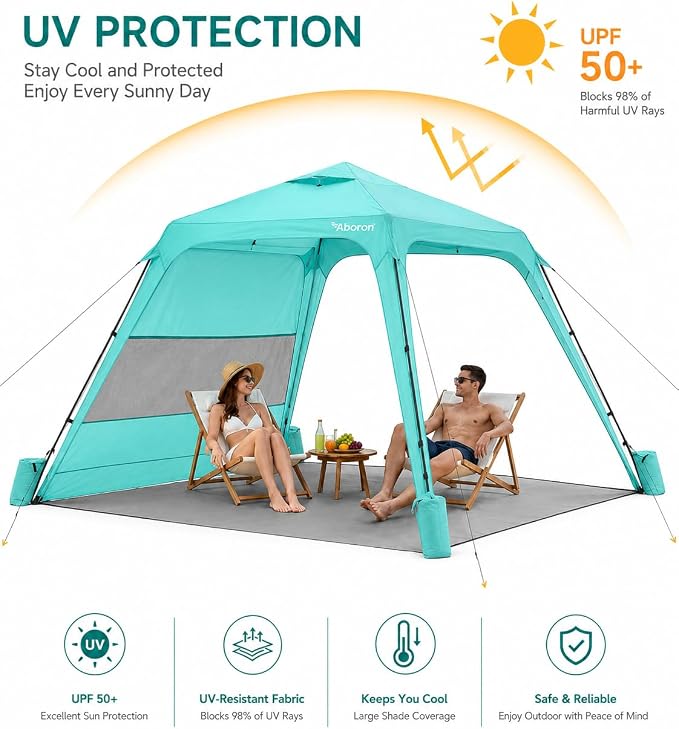 10x10 Beach Canopy with Side Wall, UPF 50+ Sun Shelter, Green | Removable side wall, UPF 50+ sun protection, easy setup, wind-resistant support, sandbags and carry bag.