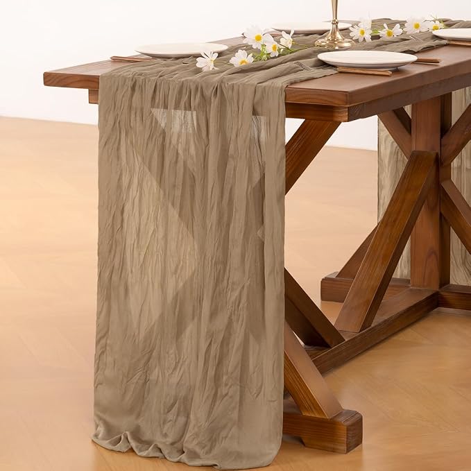 Socomi 15pcs Nude Brown Cheesecloth Table Runner Summer Boho Rustic Gauze 120 inch 10FT Cheese Cloth Sheer Runner for Wedding Party Baby Shower Birthday Home Decor Holiday Decorations