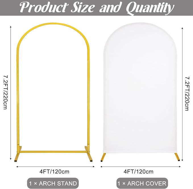 Metal Arch Stand and Cover Set,1 White Spandex Fitted Backdrop with 1 Gold Wedding Arched Stand Frame for Parties Birthday Baby Shower Bridal Banquet Decoration (7.2FT)