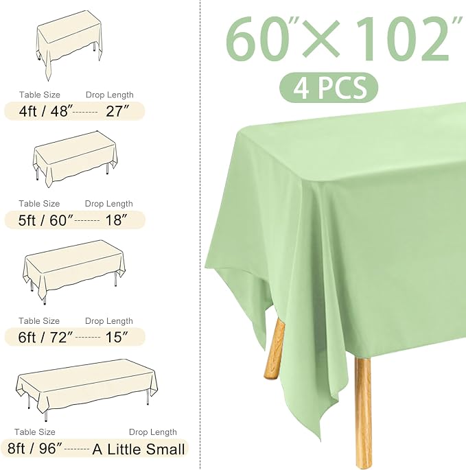 4 Pack Rectangle Tablecloth 60x102 Inch Sage Green Washable Polyester Table Cover for Wedding Dining Table Parties Banquet（60x102 Sage Green）