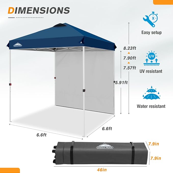 EAGLE PEAK Commercial Canopy 6.6x6.6 Pop Up Canopy Tent with 1 Sidewall, Easy Setup Heavy Duty Instant Event Shelter for Vendors & Markets, Outdoor Sun Shade, Dark Blue