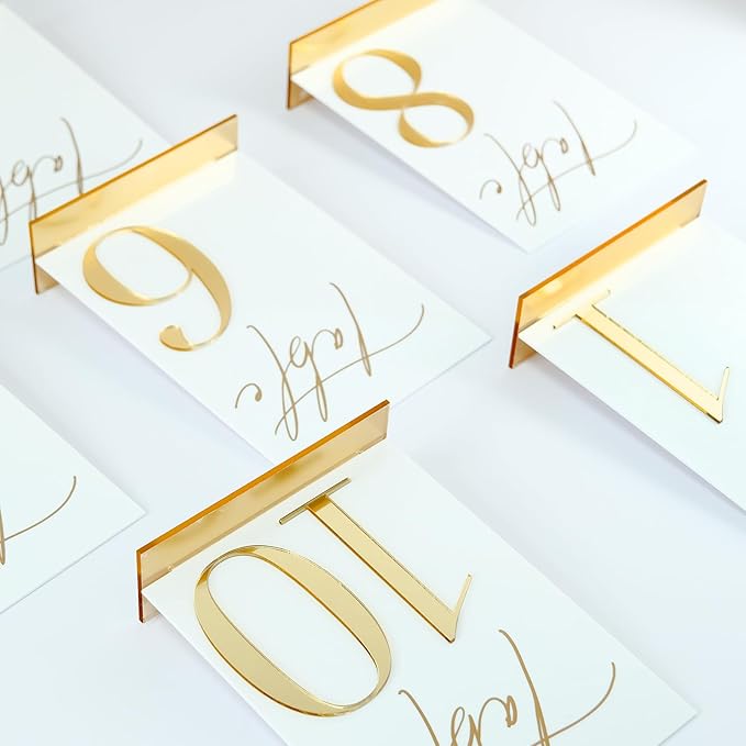 Acrylic Wedding Table Numbers 1-10 with Stands, 5"x7" White Acrylic Signs with Gold Mirror Fonts, White and Gold 3D Table Numbers for Wedding Reception, Anniversary, Event